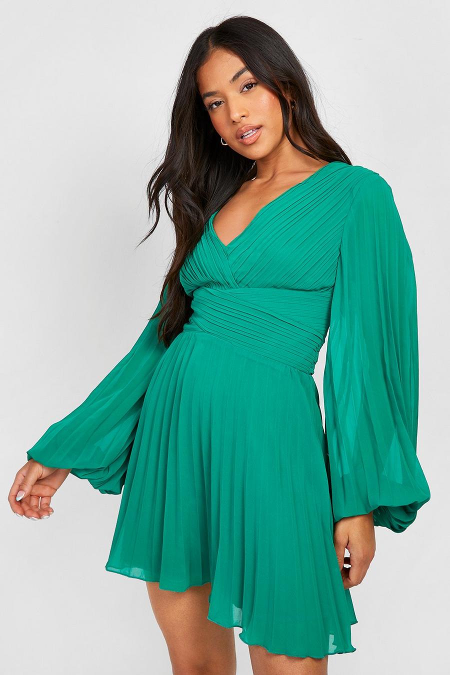 Green Petite Pleated Plunge Wrap Skater Dress image number 1