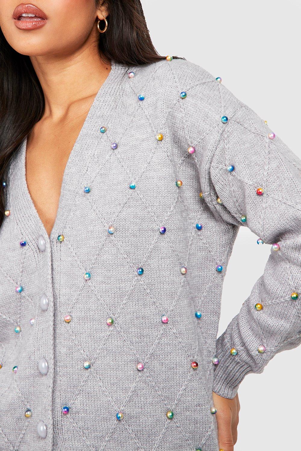 Pearl Embellished Cardigan - Grey