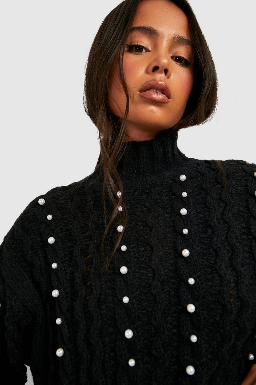 Black Petite Cable Pearl Detail High Neck Jumper image number 1