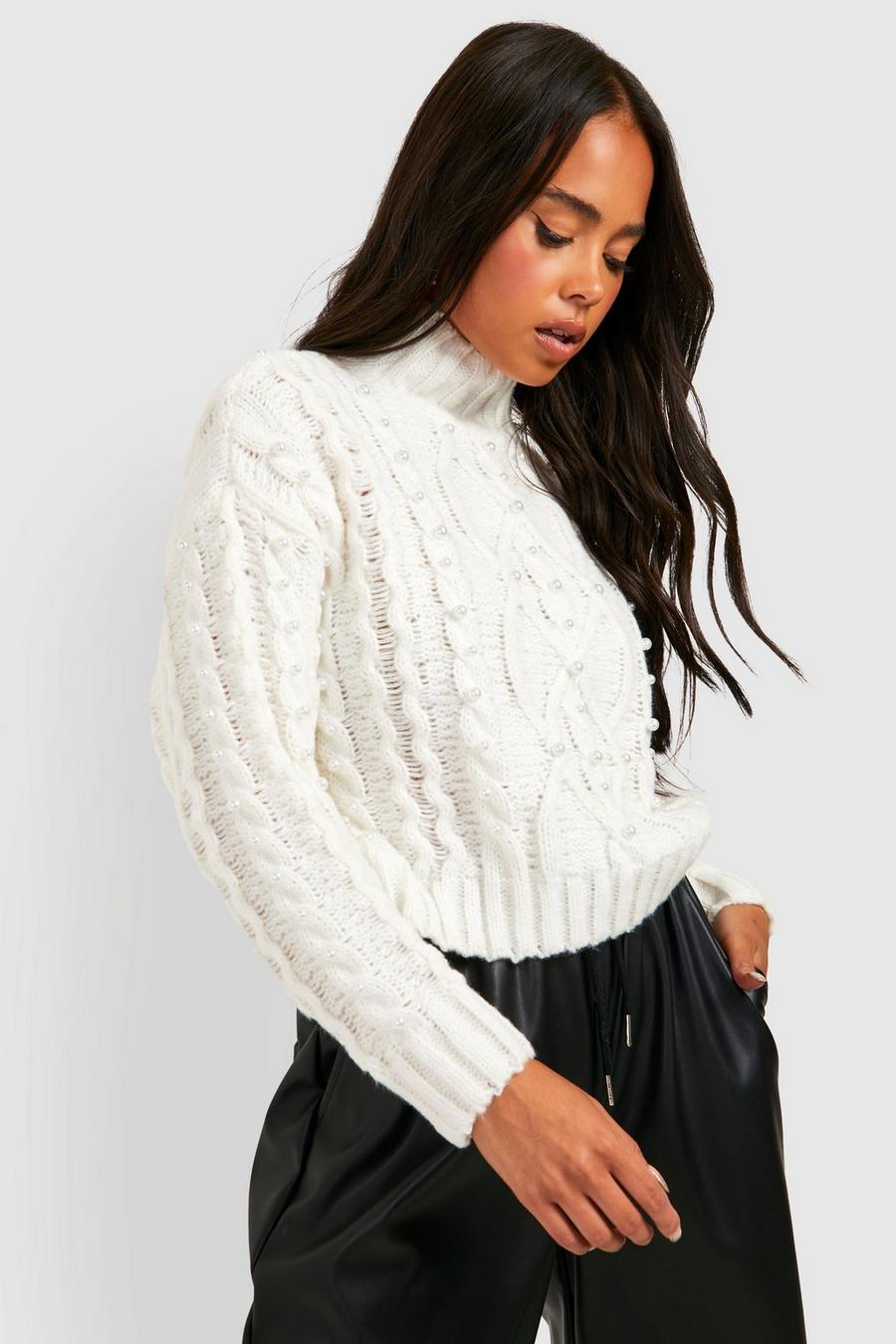 Ivory Petite Cable Pearl Detail High Neck Sweater image number 1