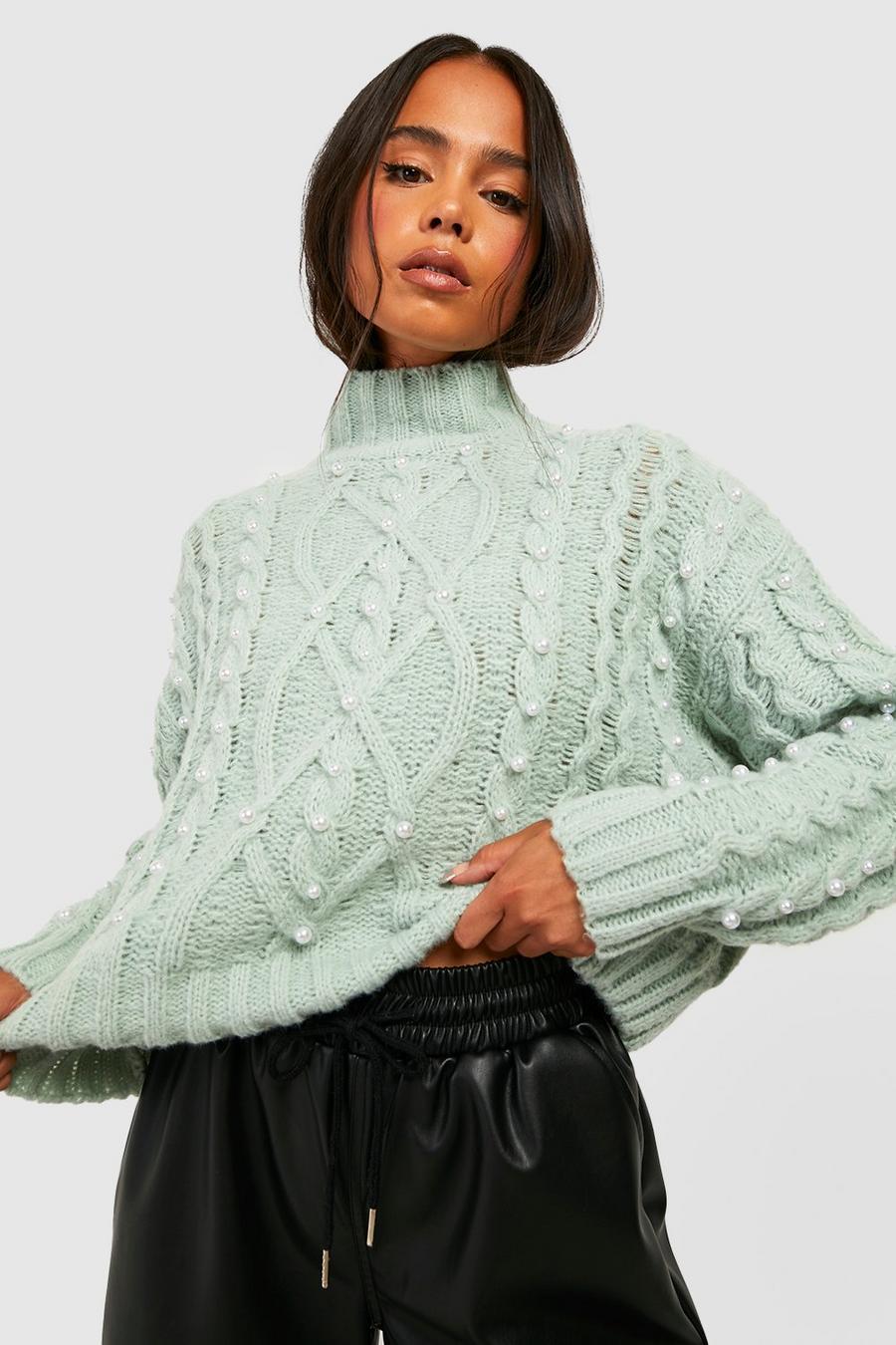 Sage Petite Cable Pearl Detail High Neck Sweater image number 1