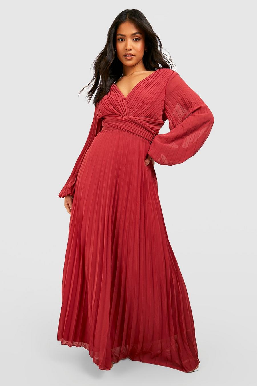 Berry Petite Pleated Plunge Wrap Maxi Dress image number 1