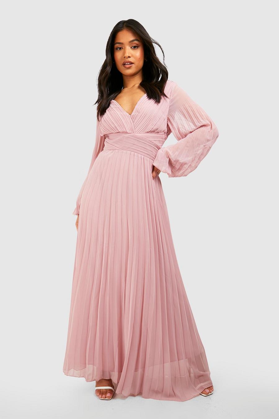 Blush pink Petite Pleated Plunge Wrap Maxi Dress