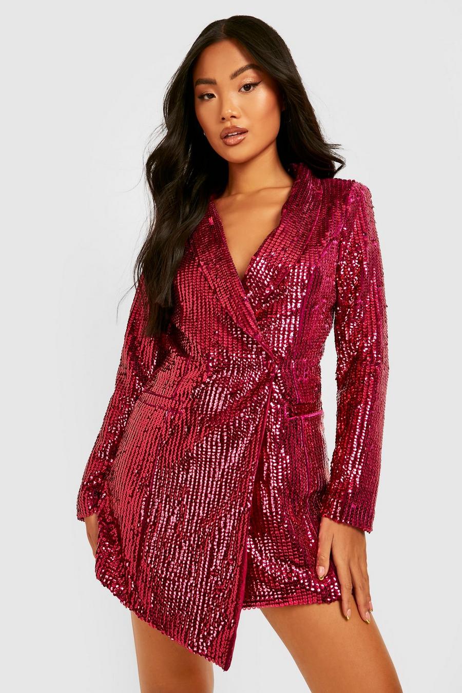 Hot pink Petite Asymmetric Sequin Blazer Dress image number 1