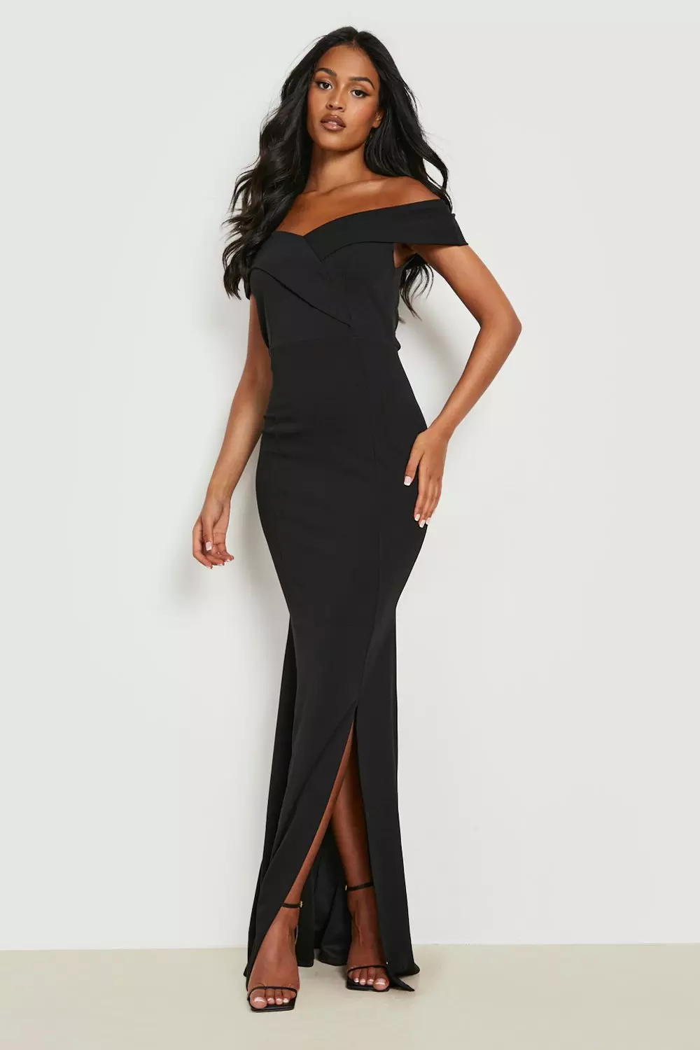 Black bardot wrap 2025 slit slinky maxi dress