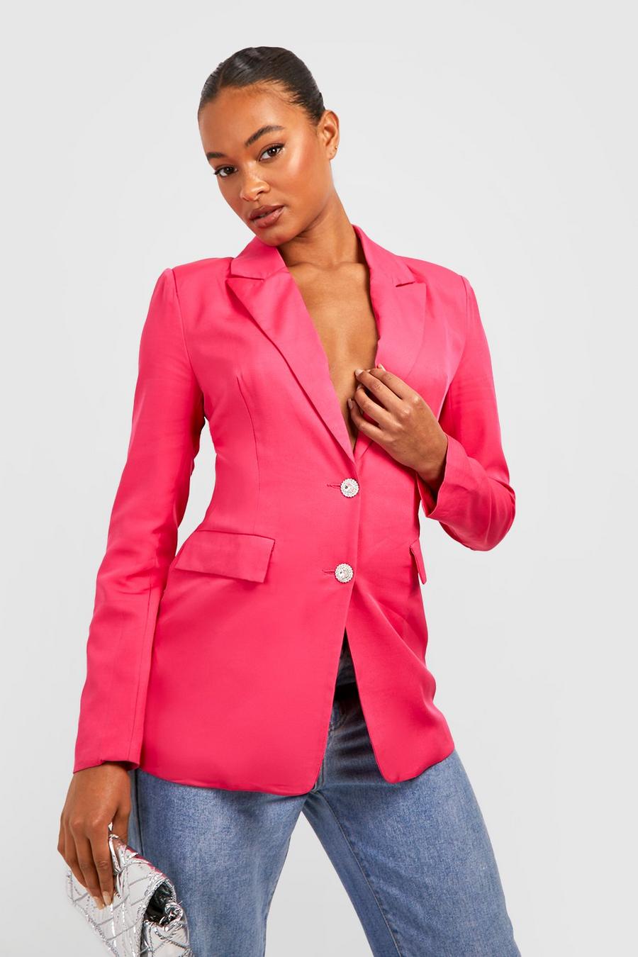 Hot pink Tall Rhinestone Button Blazer image number 1