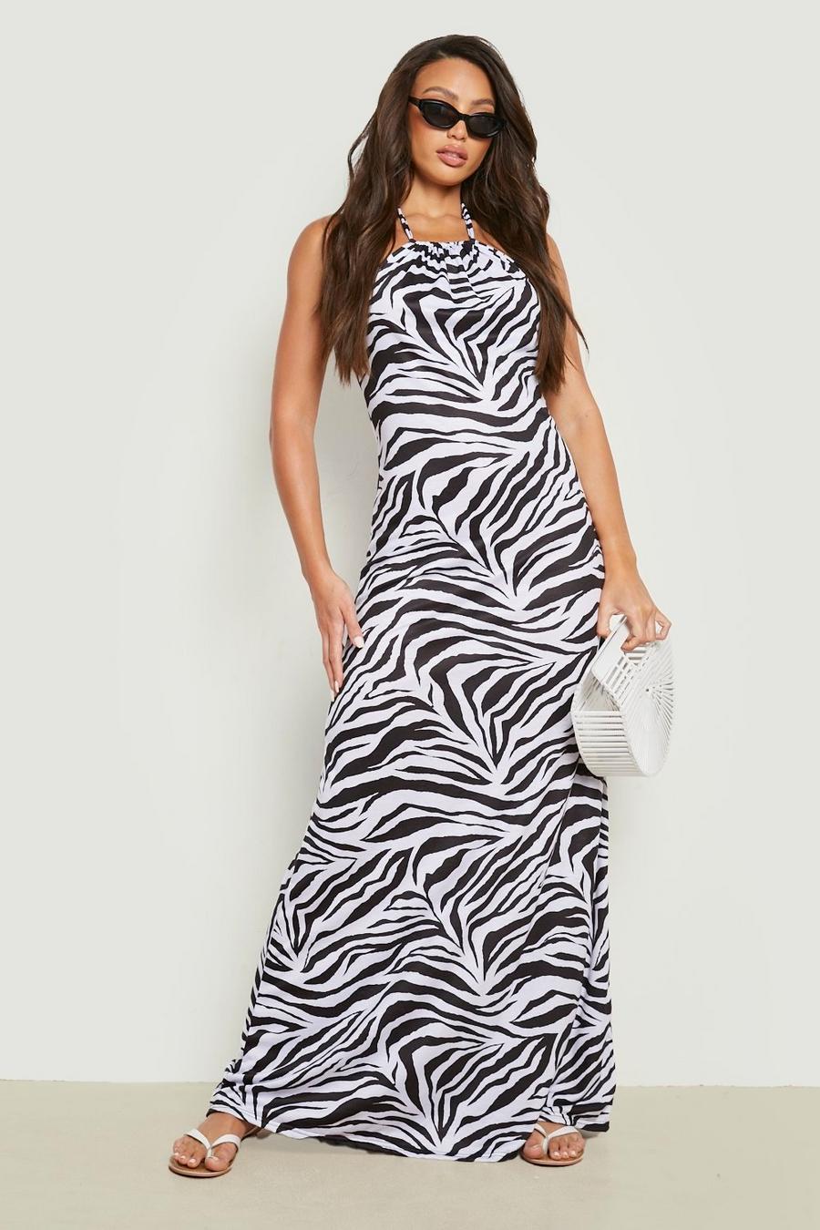 Black Tall Zebra Halter Maxi Dress image number 1