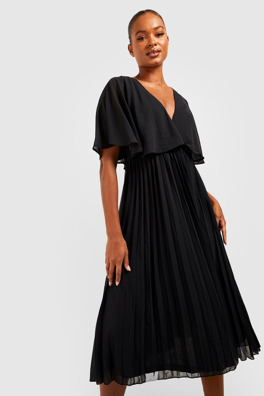 Black Tall Cape Detail Pleated Occasion Midi Dress image number 1