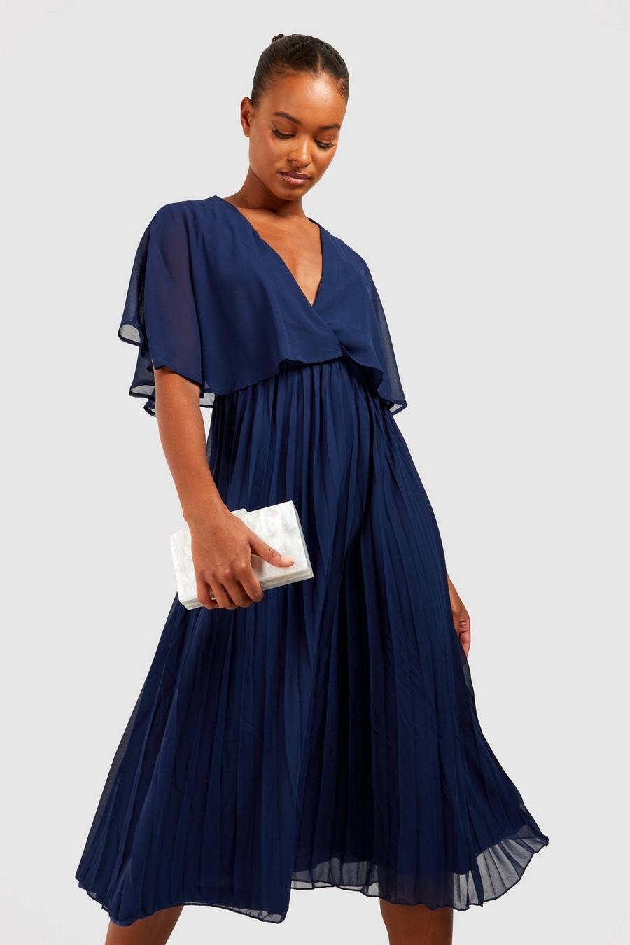 Navy Tall Cape Detail Pleated Occasion Midi Dress image number 1