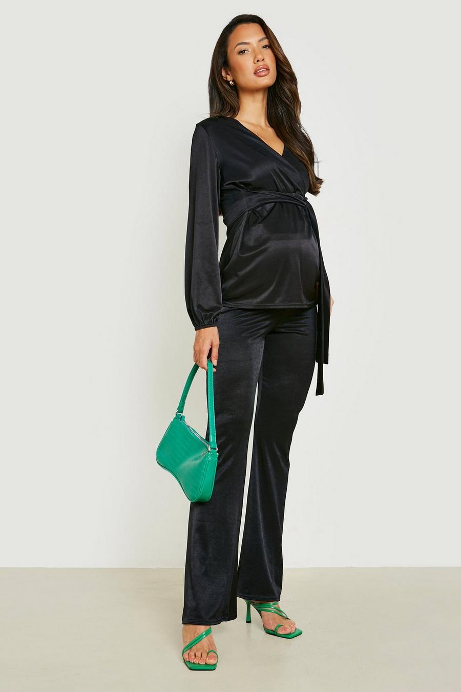 Black Maternity Stretch Satin Flare Trousers image number 1