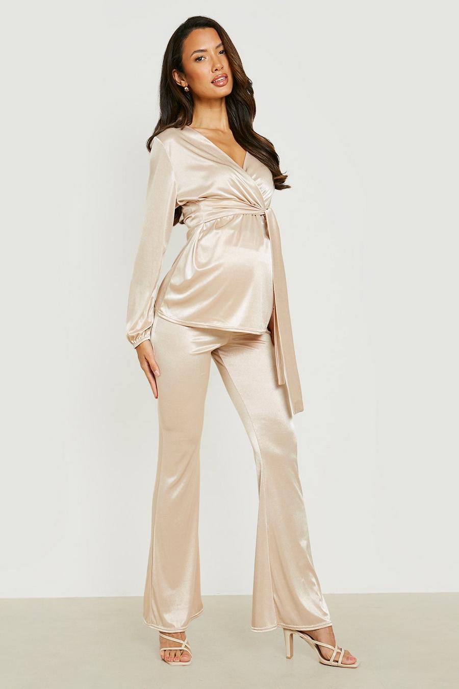 Champagne Maternity Stretch Satin Flare Pants image number 1