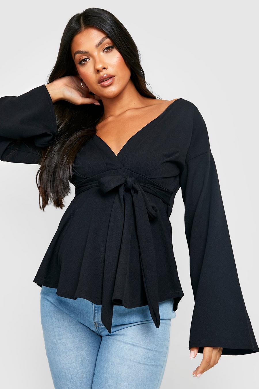 Black Maternity Flare Sleeve Wrap Top image number 1