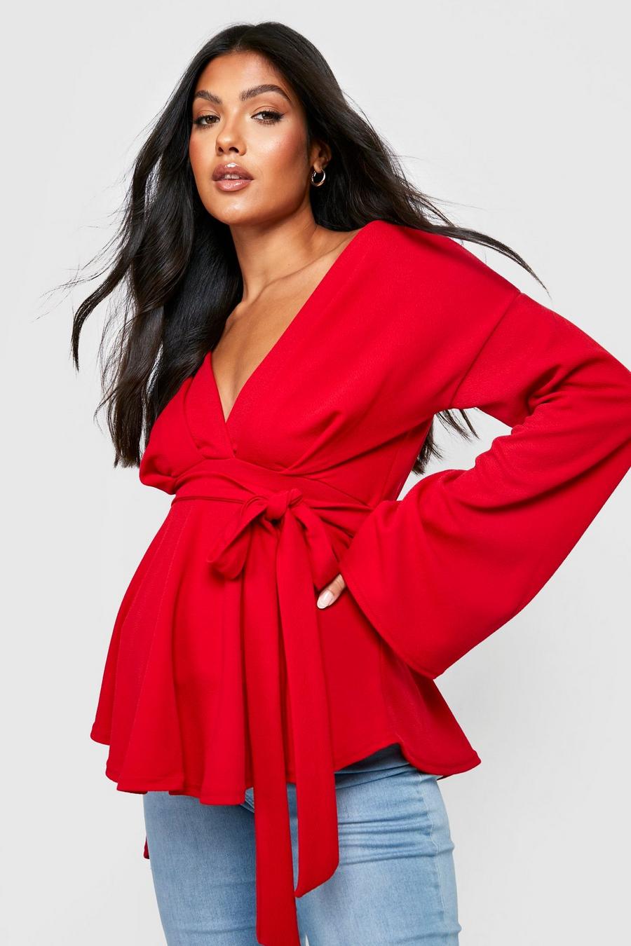 Red Maternity Flare Sleeve Wrap Top image number 1