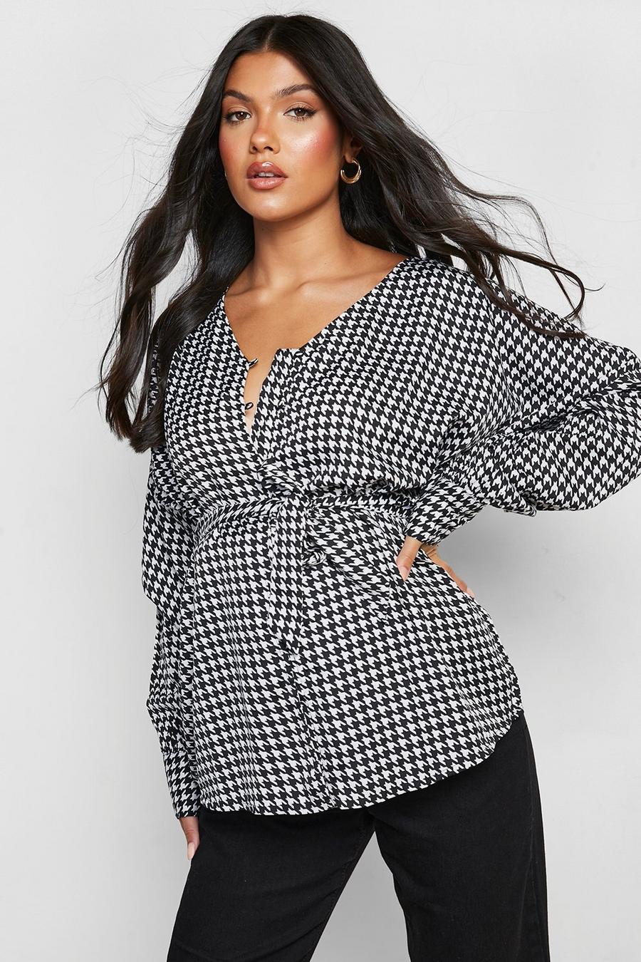 Black Maternity Dogtooth Button Belted Blouse image number 1