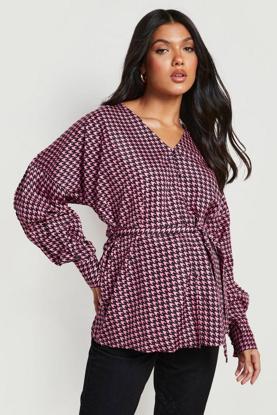 Pink Maternity Dogtooth Button Belted Blouse image number 1