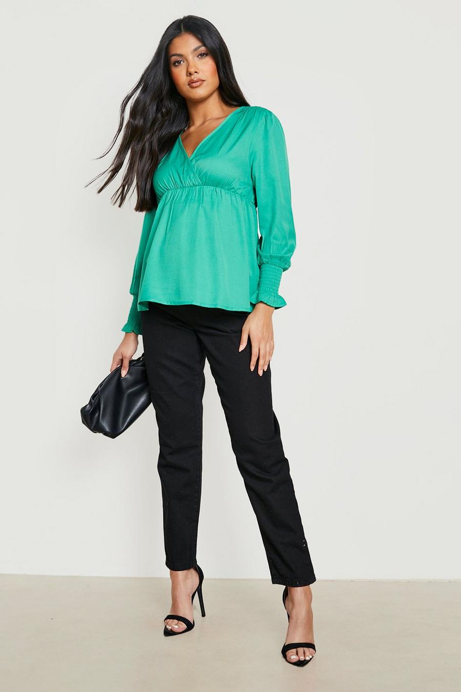Green Maternity Wrap Shirred Smock Top image number 1