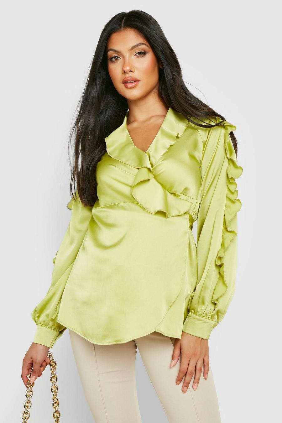 Chartreuse yellow Maternity Satin Ruffle Wrap Top image number 1