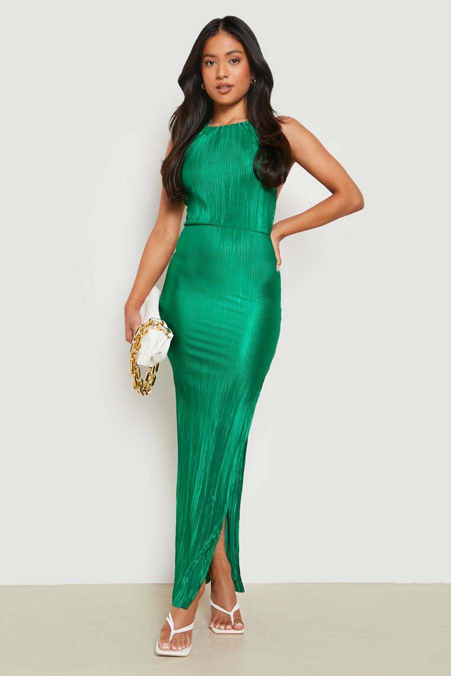 Green Petite Bright Plisse Thigh Split Maxi Dress