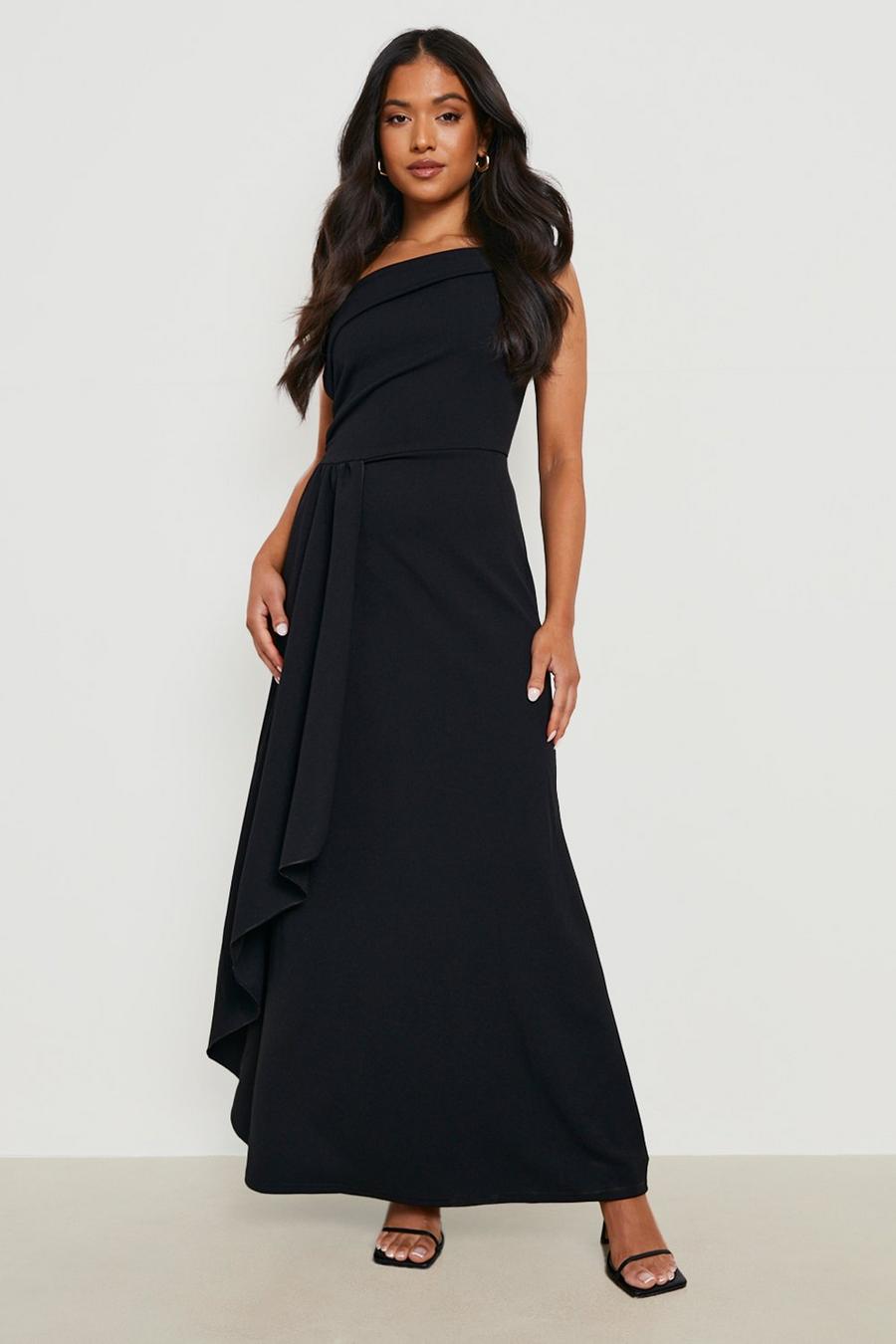 Black Petite Asymmetric Drape Front Maxi Dress