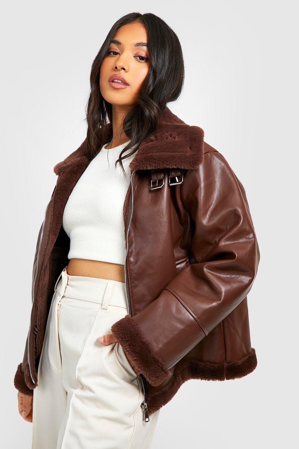 Petite Pu Borg Collar Aviator Jacket boohoo USA