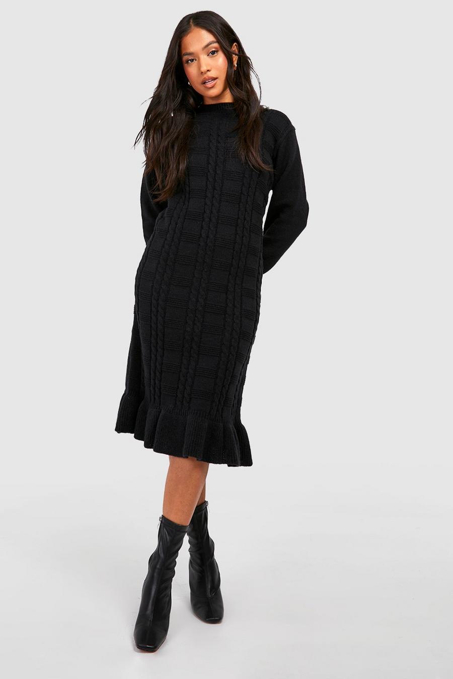 Black Petite Cable Knit Ruffle Hem Sweater Dress image number 1