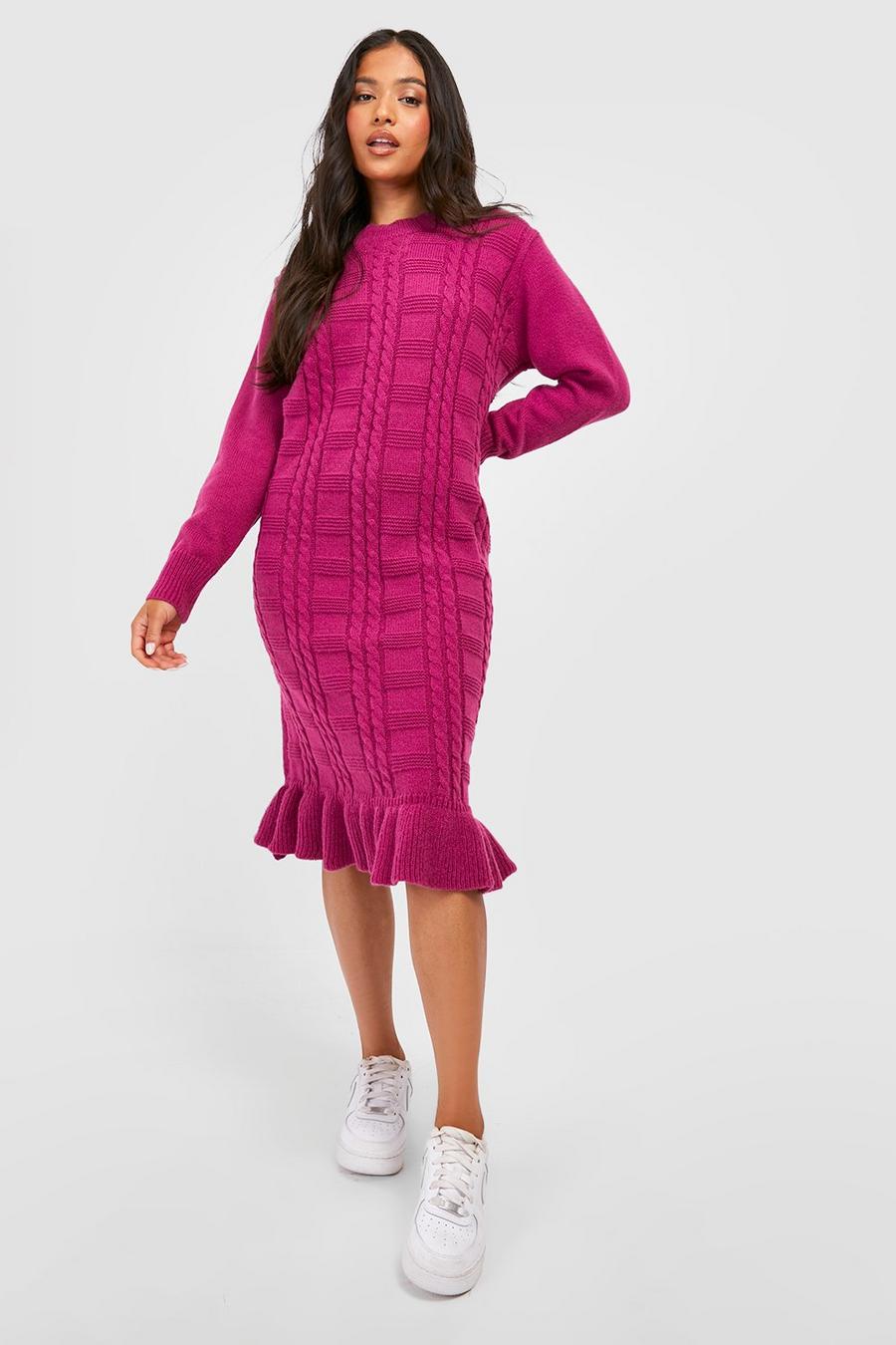 Cranberry red Petite Cable Knit Ruffle Hem Sweater Dress image number 1