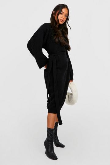 Black Petite Cable Knit Batwing Belted Sweater Dress
