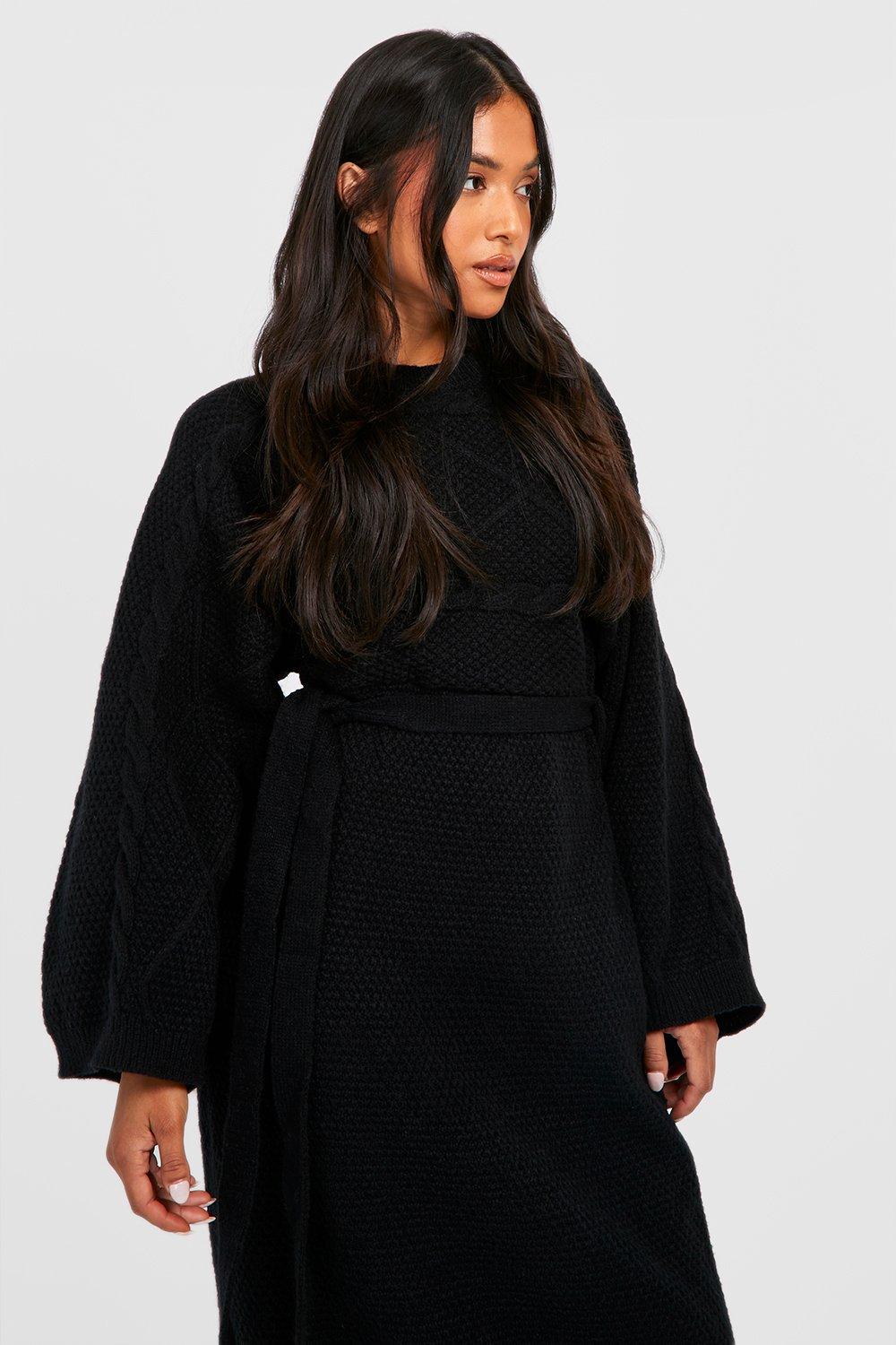 Petite Black Touch Belted Knit Jumper Dress