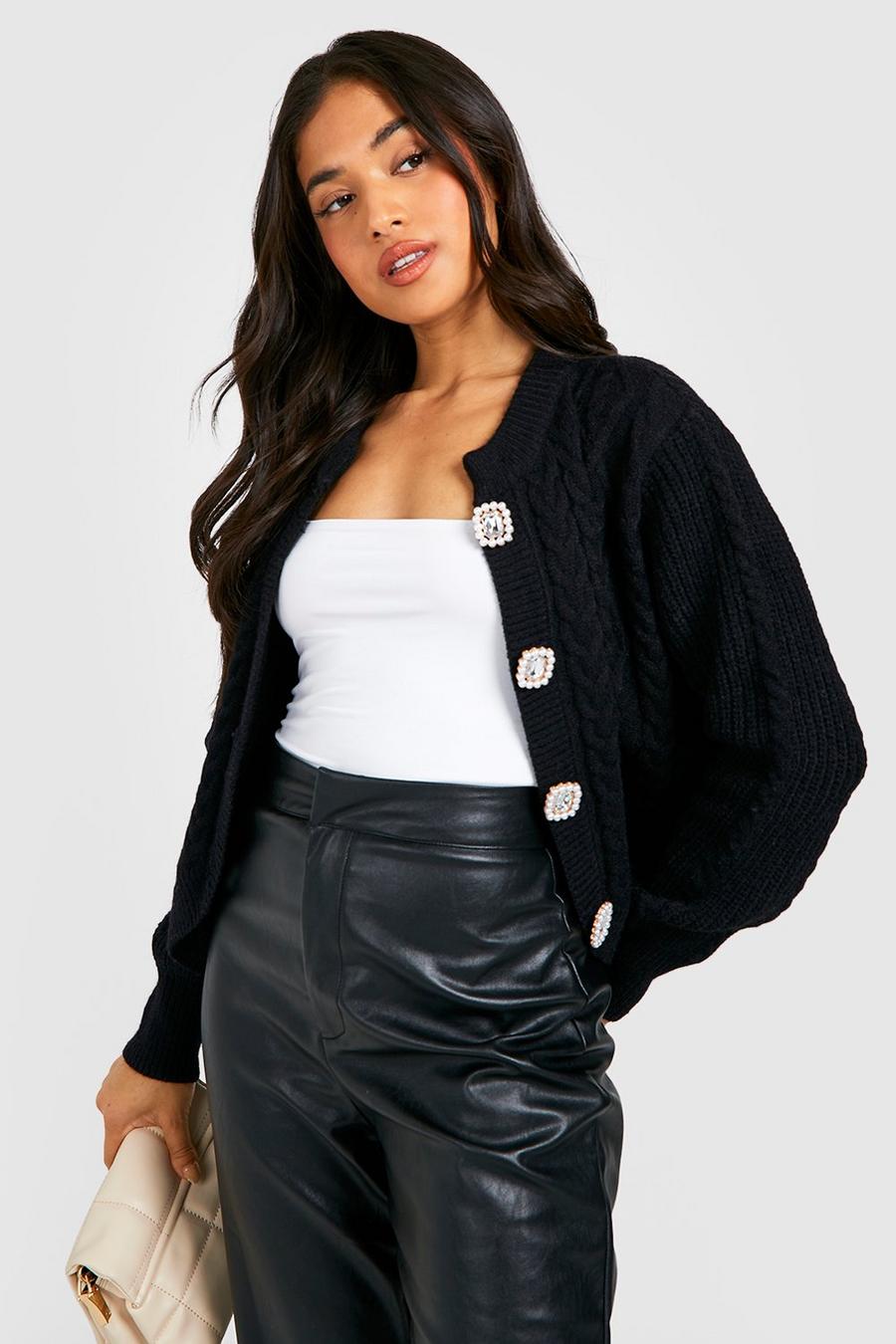 Black Petite Crystal Button Cable Knit Cardigan image number 1