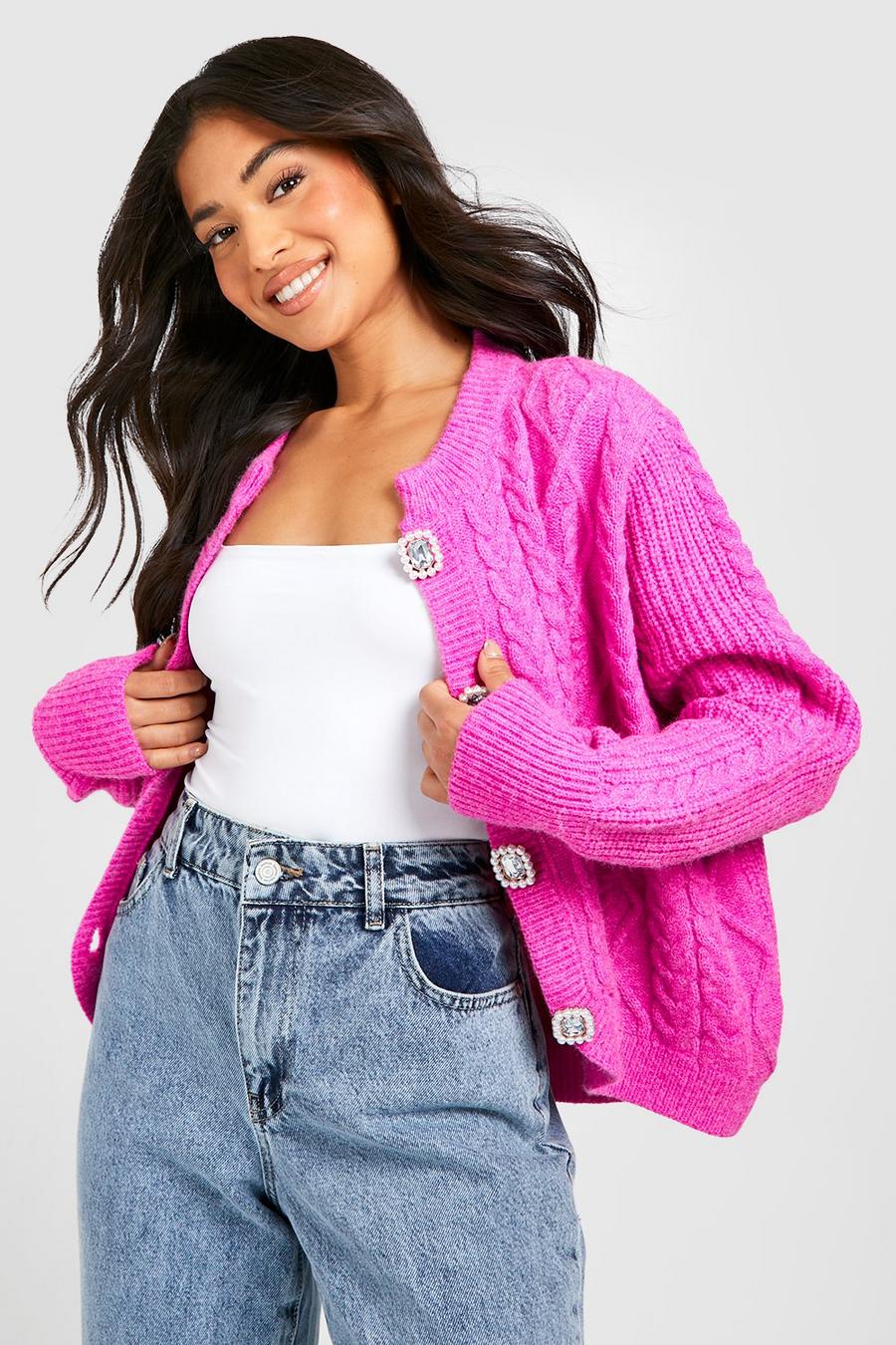 Hot pink Petite Crystal Button Cable Knit Cardigan image number 1