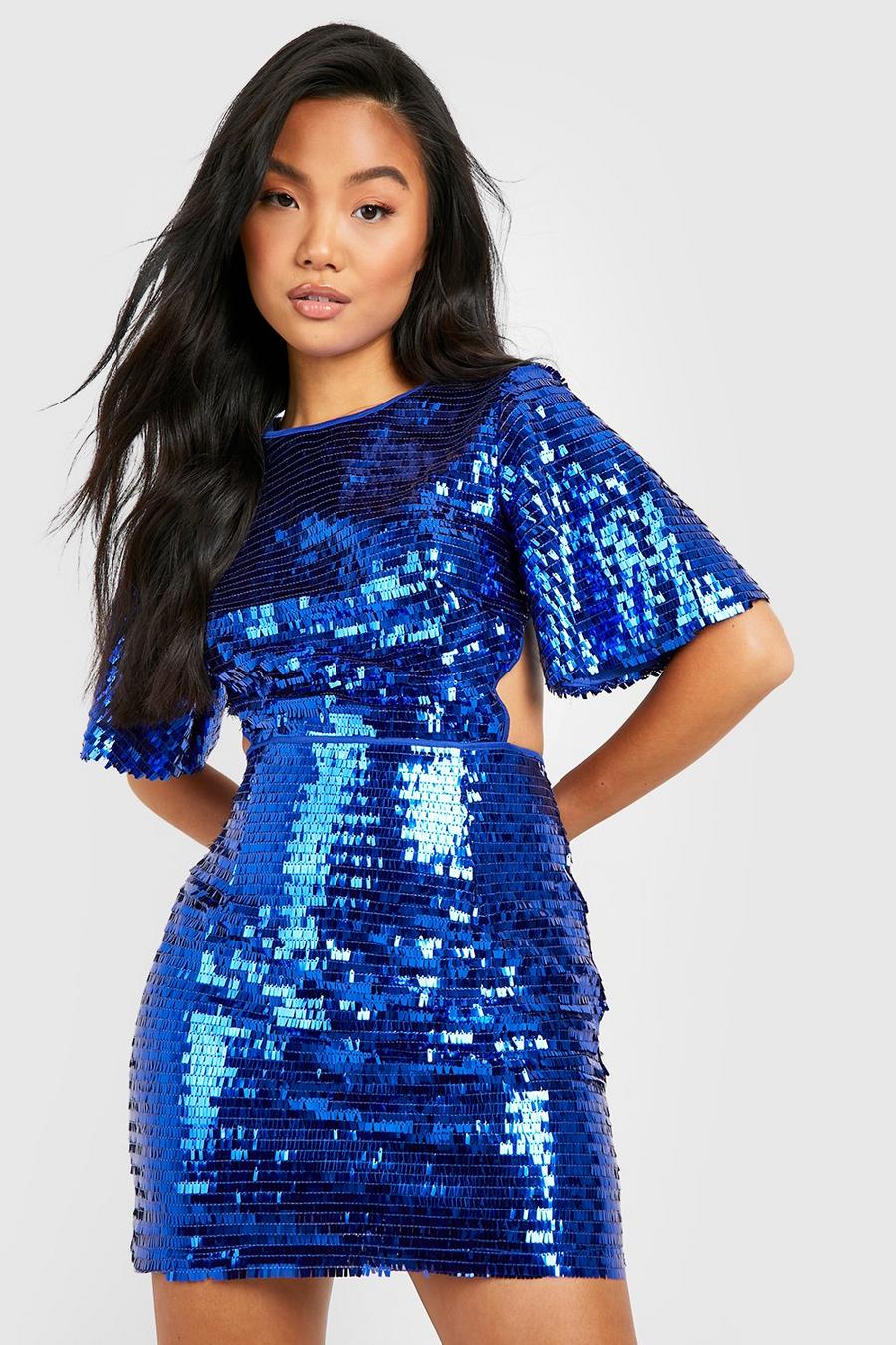 Cobalt blå Petite Glittrig klänning med paljetter och vid ärm image number 1