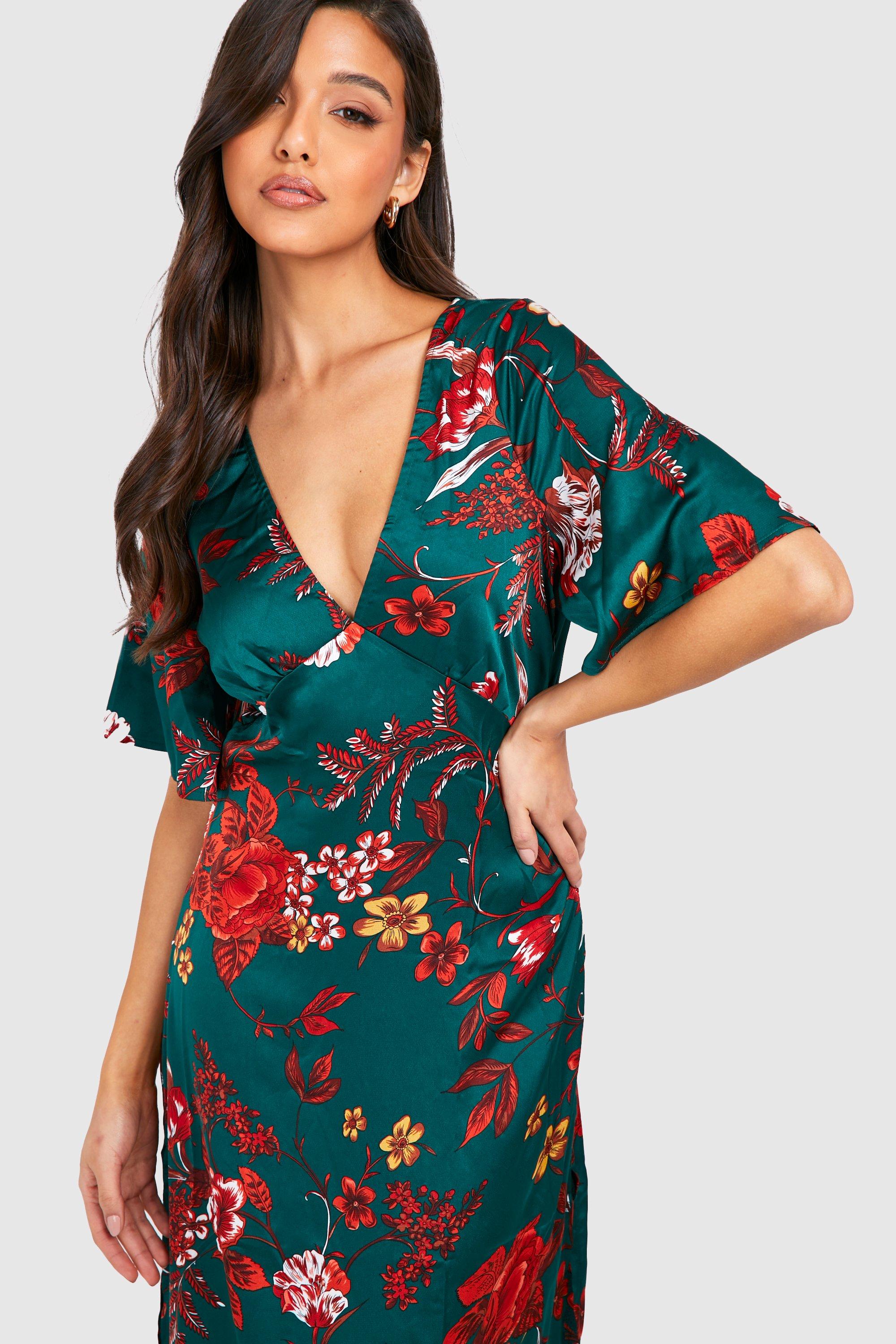 Green floral satin outlet dress