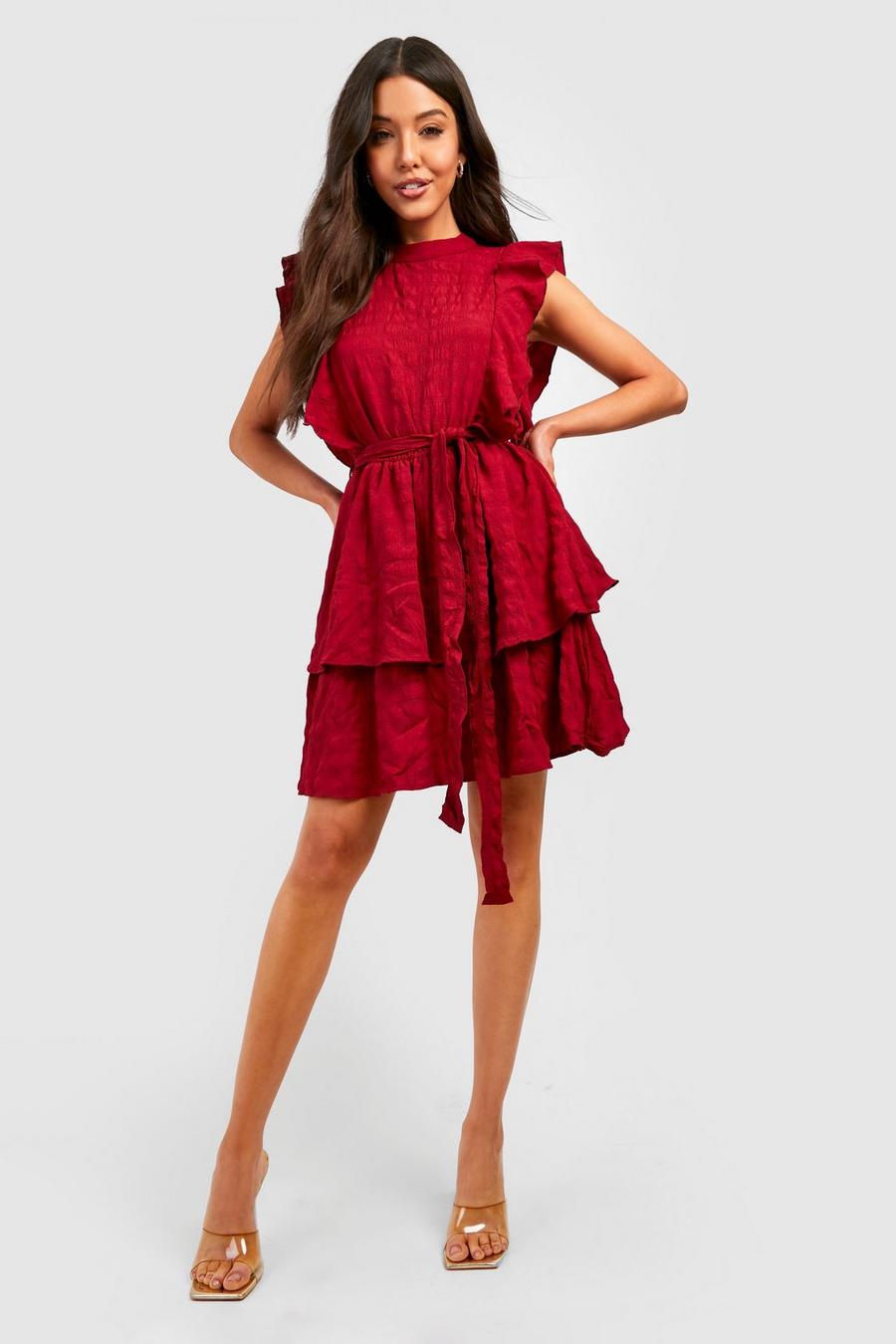 Berry Textured High Neck Ruffle Skater Dress image number 1