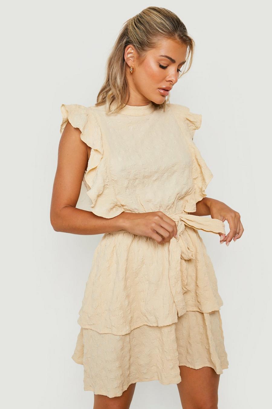 Stone Textured High Neck Ruffle Skater Dress image number 1