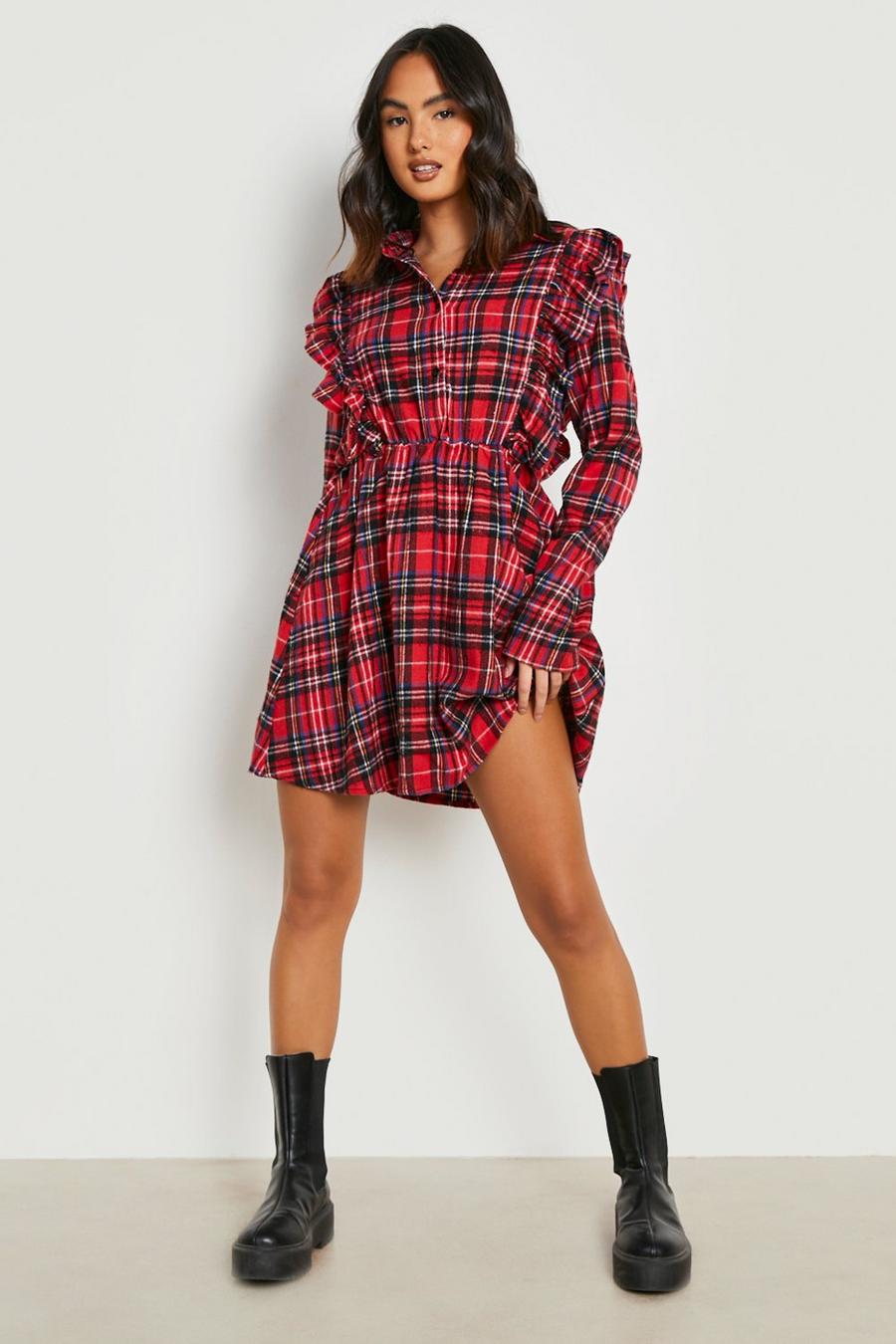 Red Frill Detail Check Shirt Dress