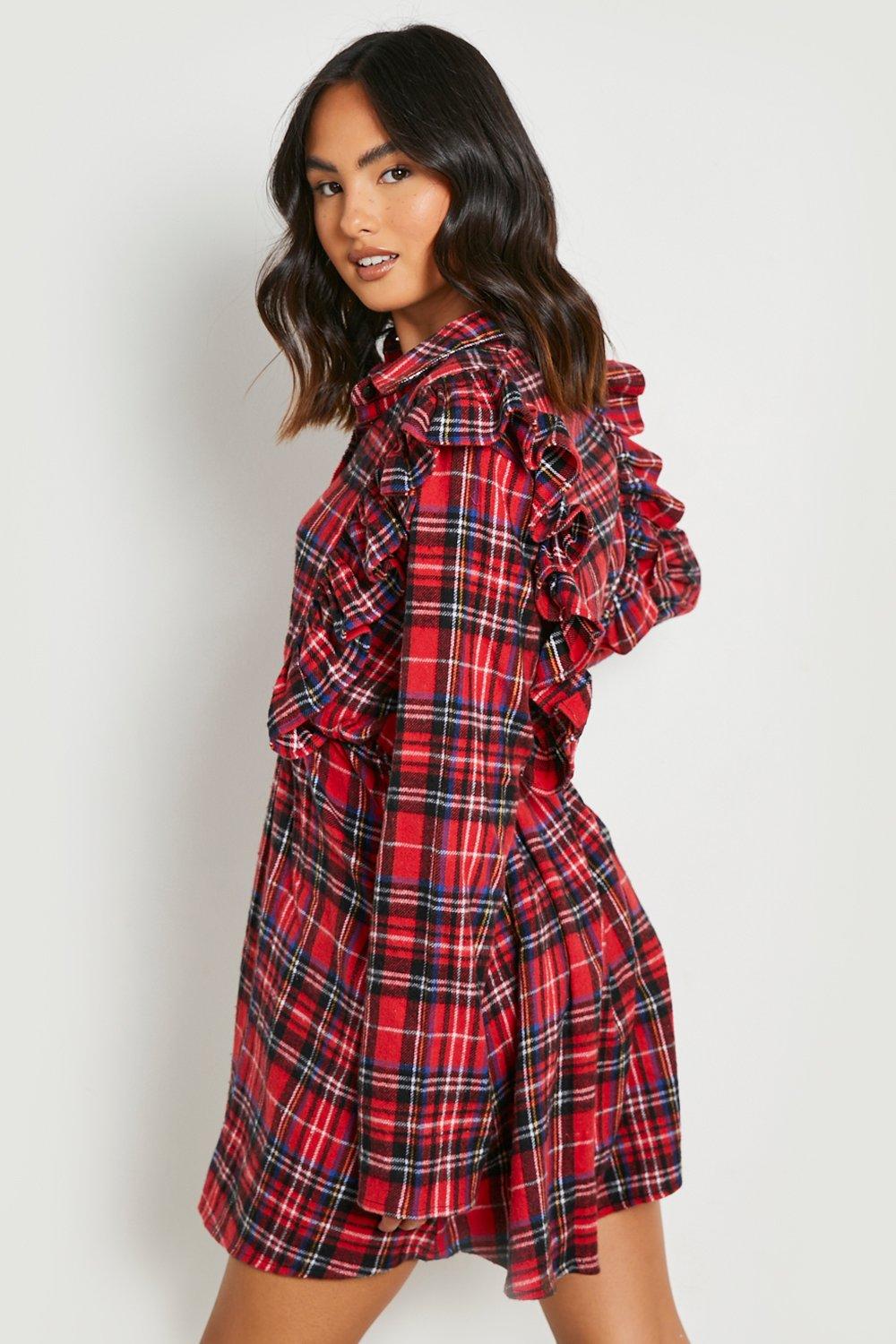 Jolly Red Check Print Button-Down Women Shirt Dress