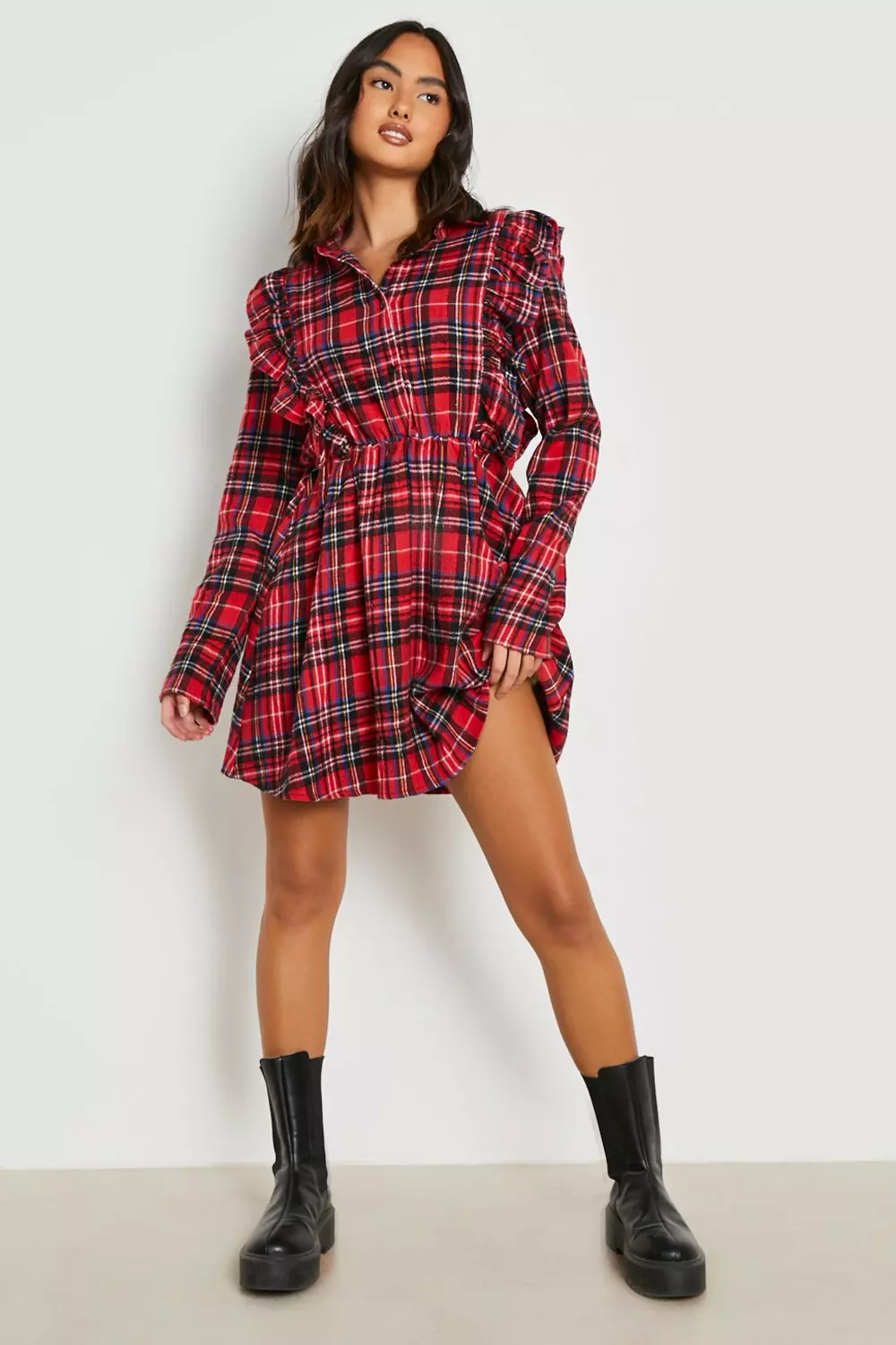 Red and black check shirt dress top