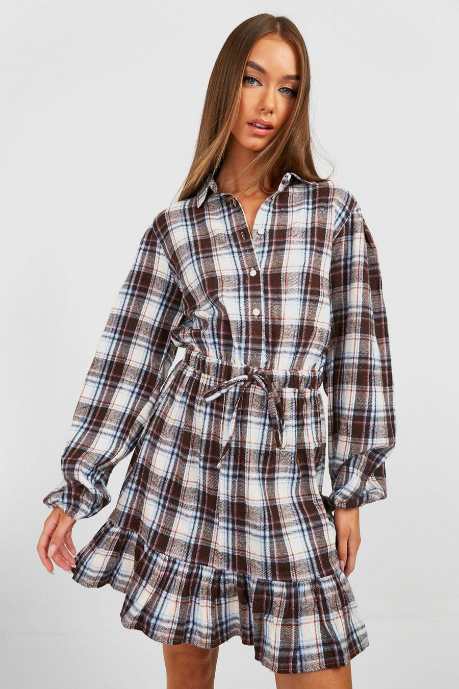 Brown Volume Sleeve Check Shirt Dress image number 1