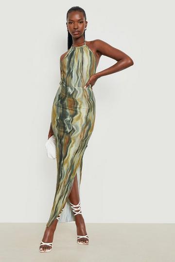 Green Printed Plisse Maxi Dress