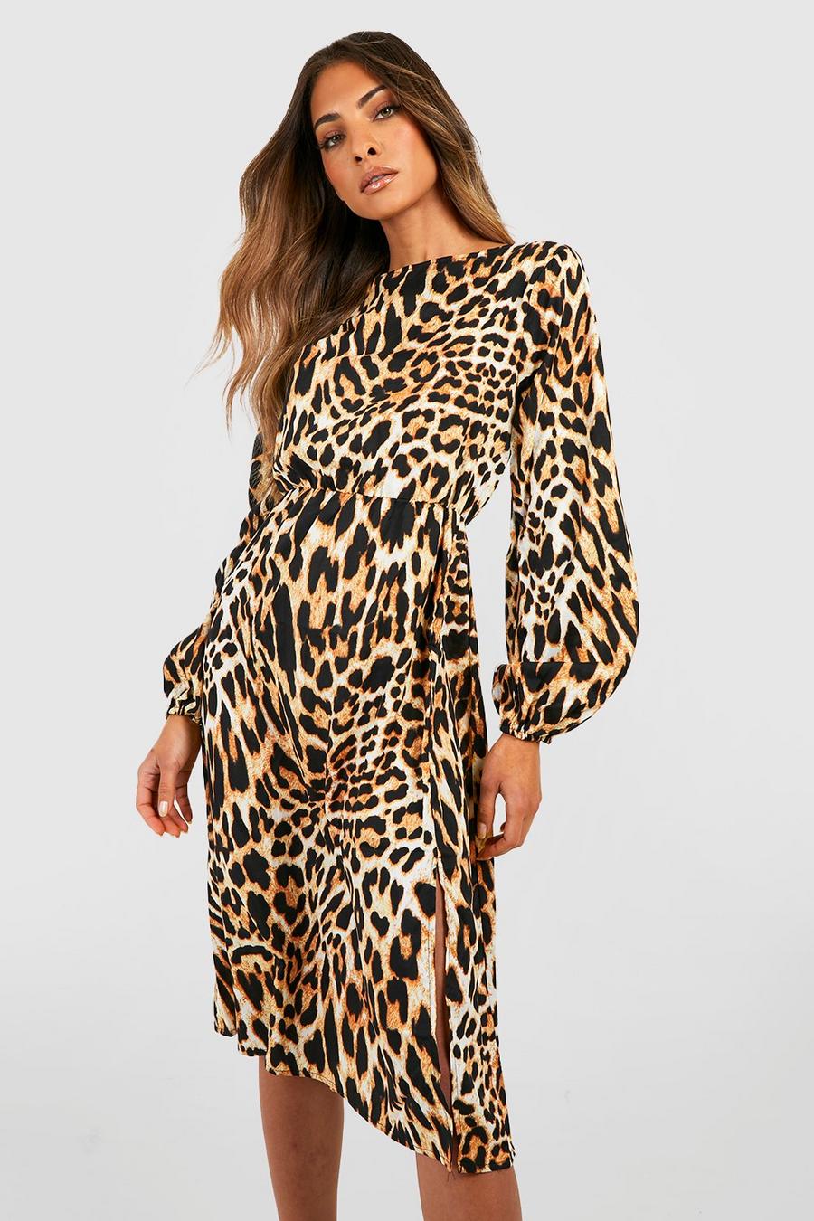 Brown Leopard Split Hem Midi Smock Dress image number 1