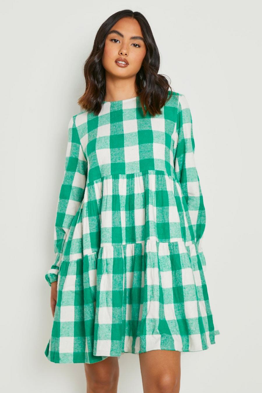 Green Flannel Long Sleeve Smock Dress image number 1