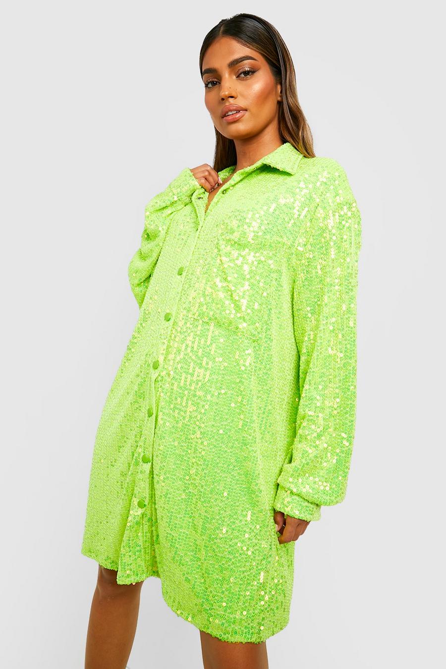 Neon-lime Bright Sequin Oversized Shirt Party Dress