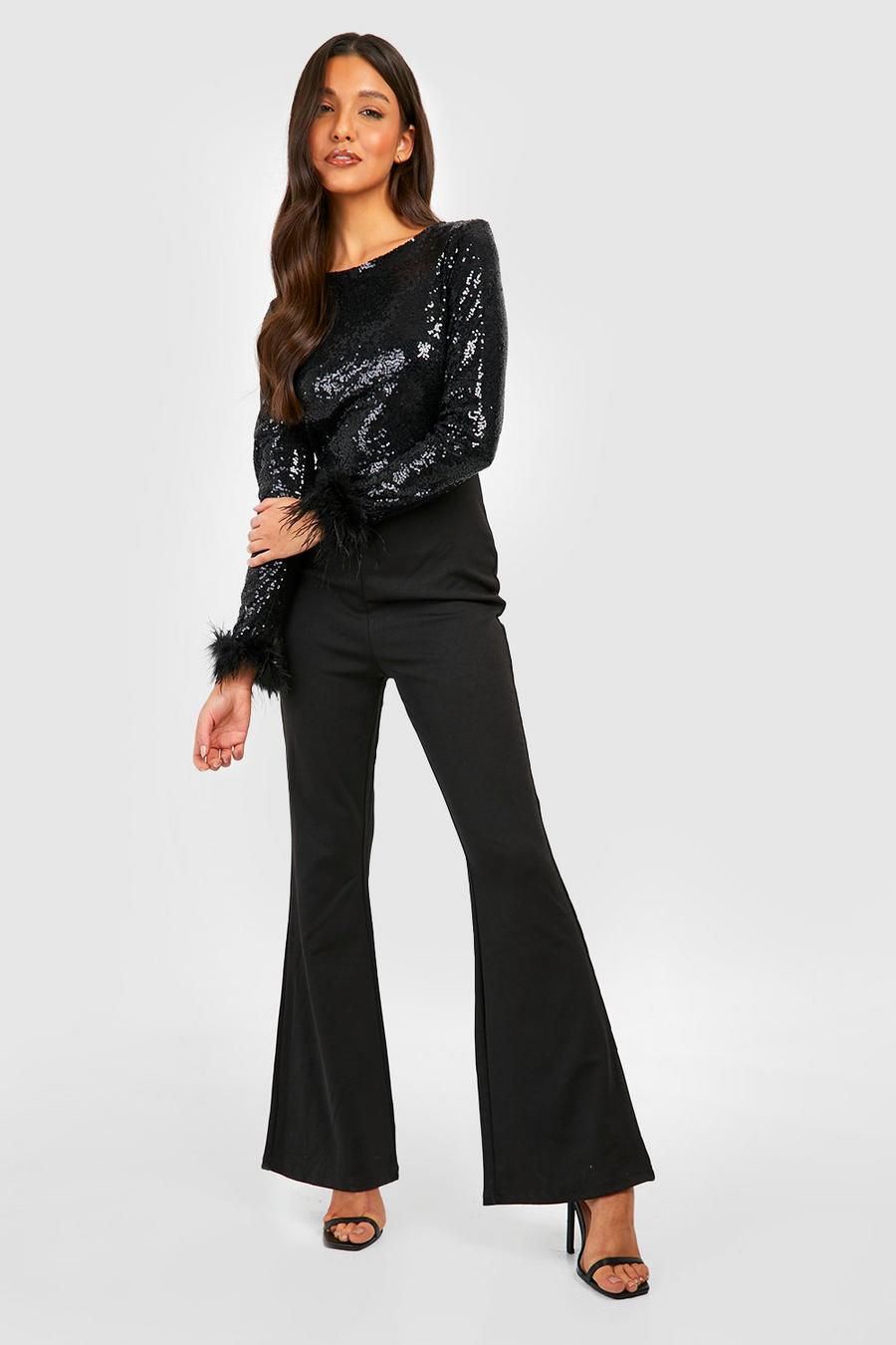 Black Feather Cuff Sequin Jumpsuit image number 1