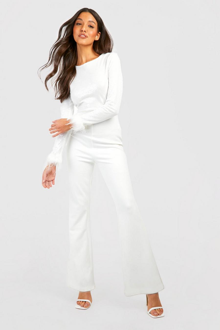 Ivory white Feather Cuff Sequin Jumpsuit
