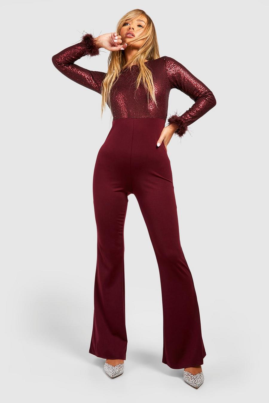 Wine red Feather Cuff Sequin Jumpsuit
