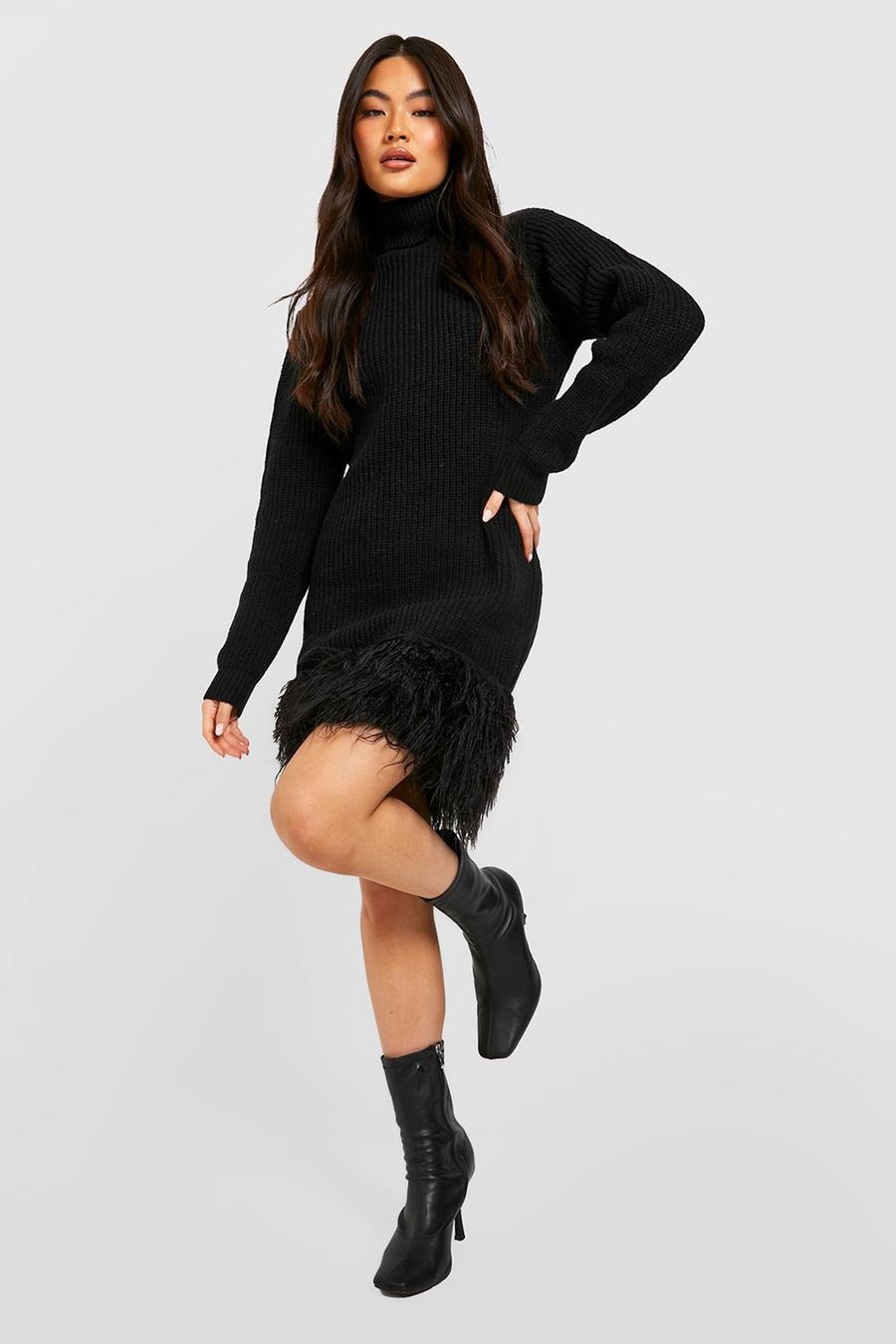 Black Roll Neck Faux Fur Trim Knitted Dress image number 1