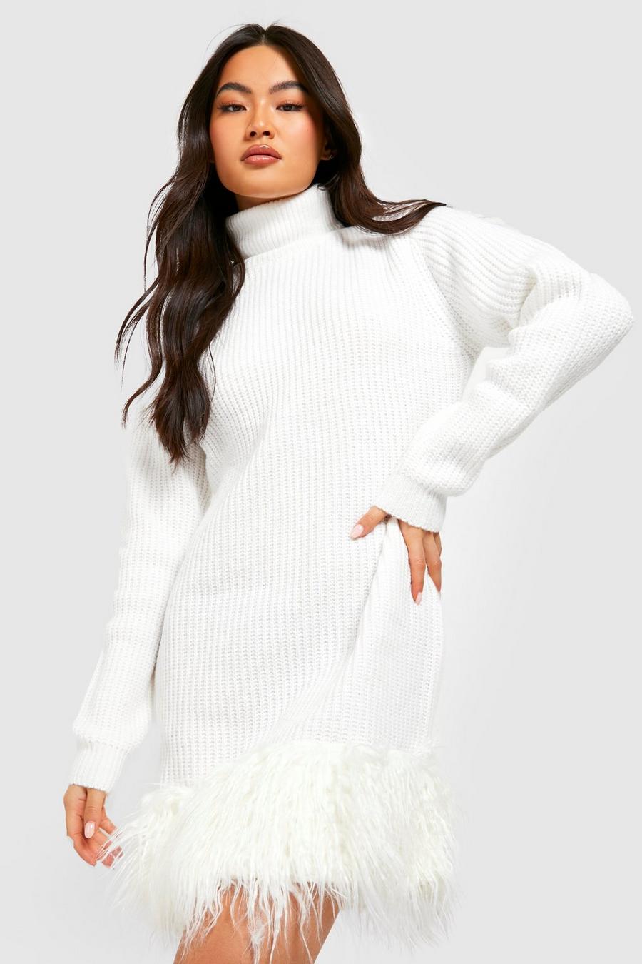 Cream Roll Neck Faux Fur Trim Knitted Dress image number 1