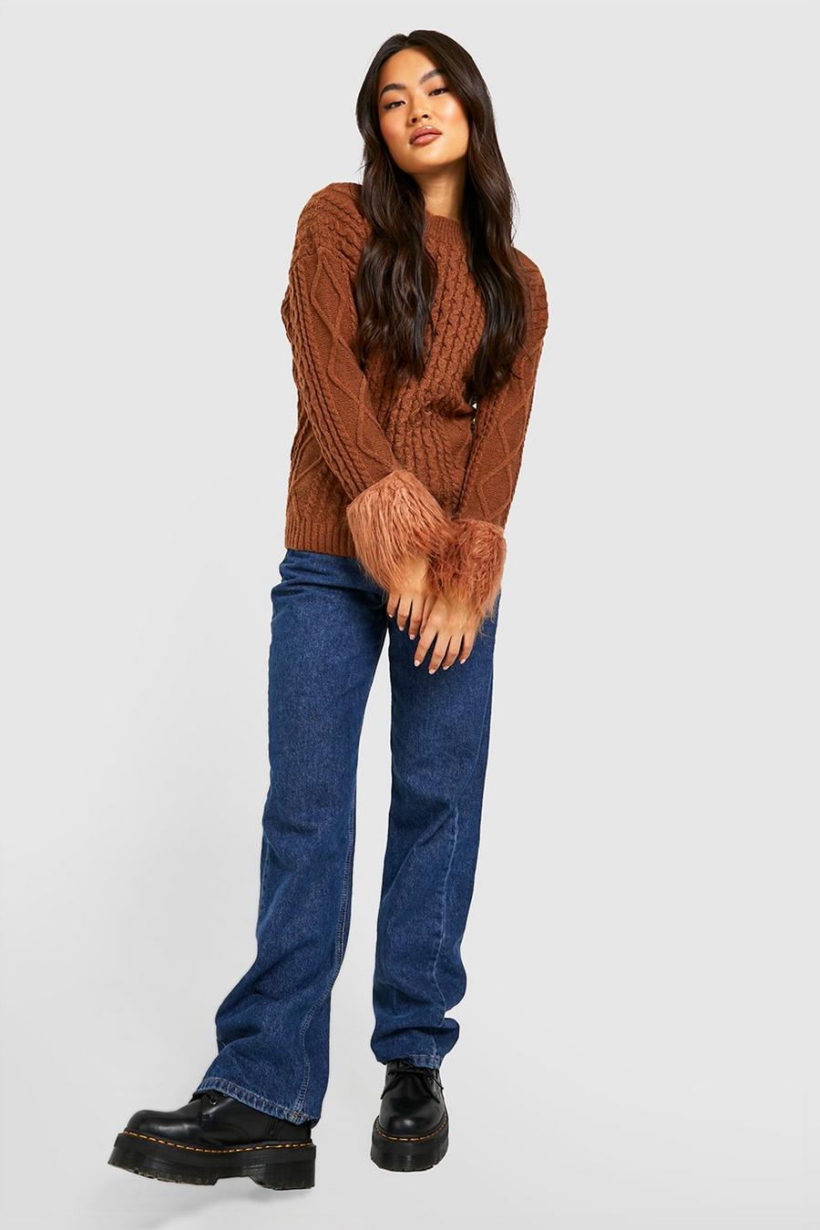 Chocolate Cable Knit Faux Fur Cuff Jumper image number 1