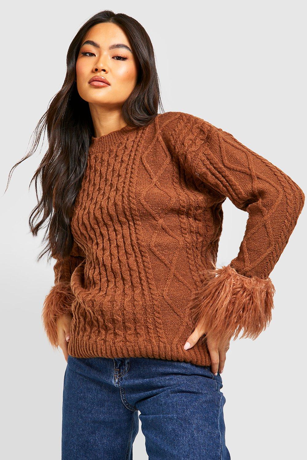 Cable Knit Faux Fur Cuff Jumper boohoo DK