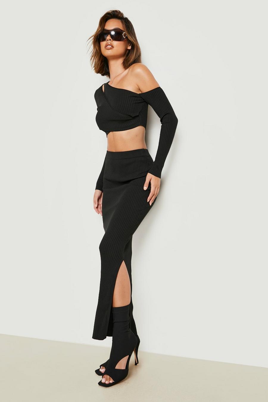 Black Cut Out Crop & Midaxi Skirt Knitted Co-ord image number 1